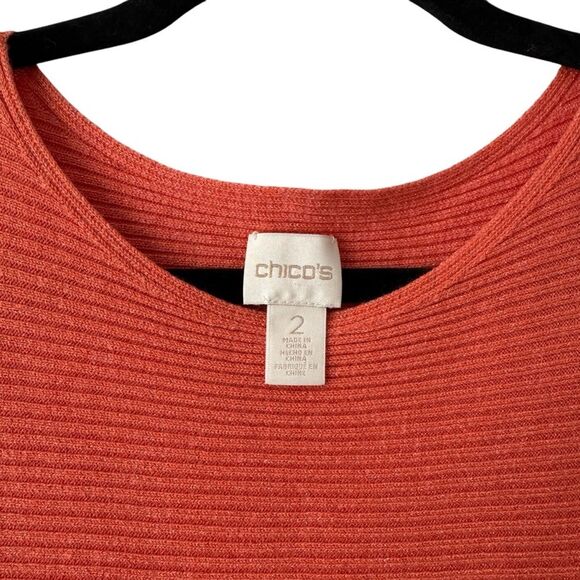 Chico's Women Orange Coral Metallic Ribbed Banteau 3/4 Sleeve Sweater Sz 2 Large - Picture 6 of 7